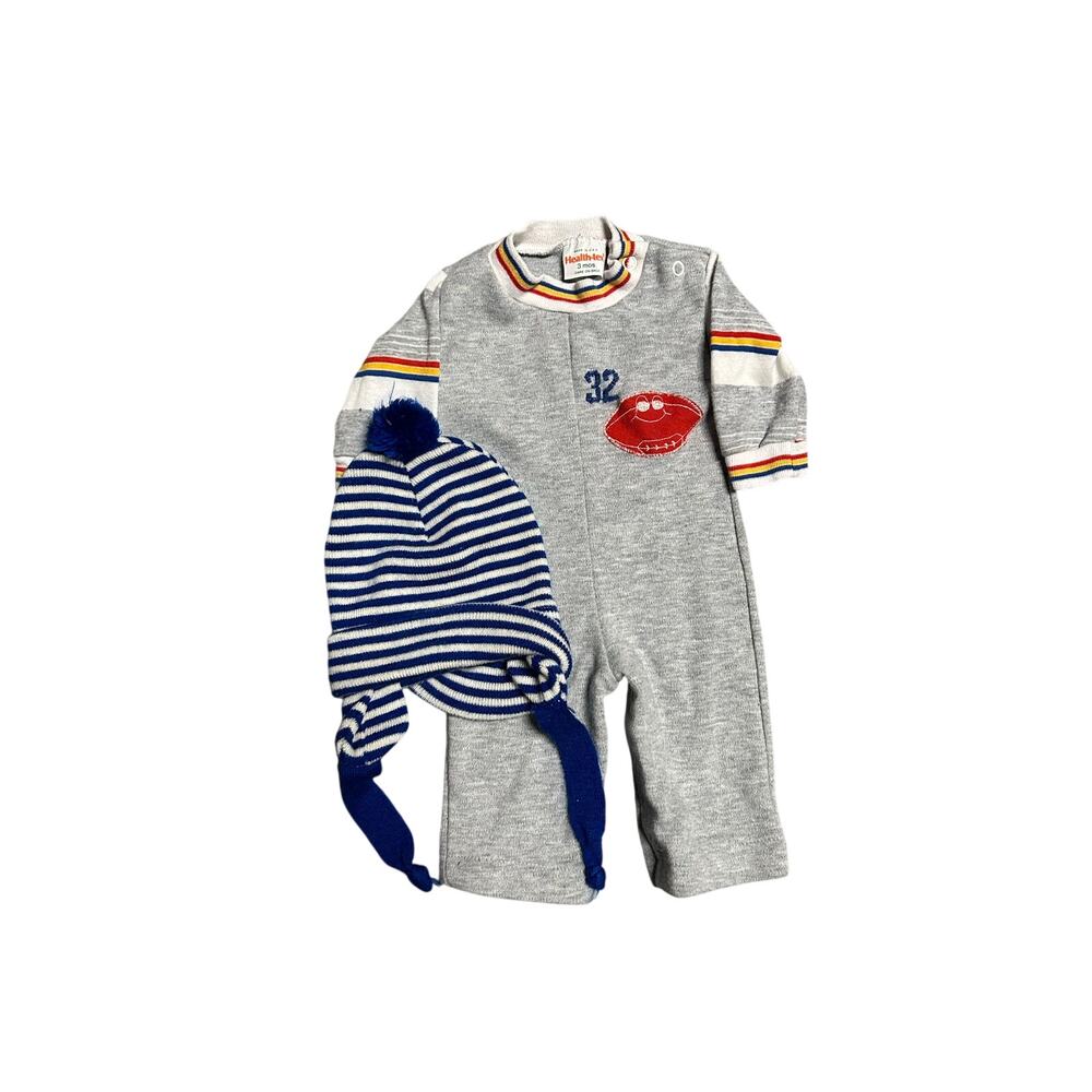 Vintage 70s newborn 0-3 month football romper & striped beanie hat matching set